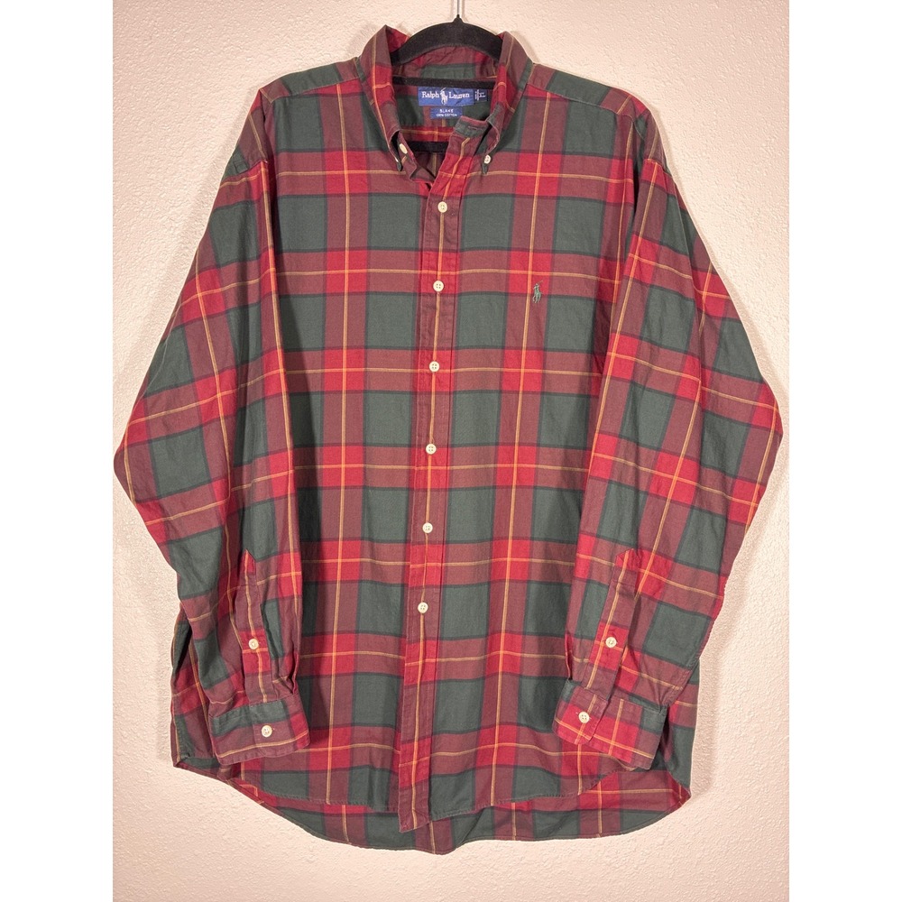 Ralph Lauren Blake Cotton Mens XL Maroon Green Plaid Button Down Long Sleeve